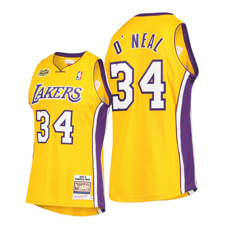 Men's Los Angeles Lakers Shaquille O'Neal #34 NBA 2000 Finals Commemorative Hardwood Classics Gold Basketball Jersey DSN8883AN